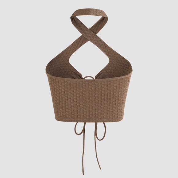 Cider Cut-Out Halter Tank Top with Corset Front + Cross Neck Tie in Brown | S - Picture 5 of 9